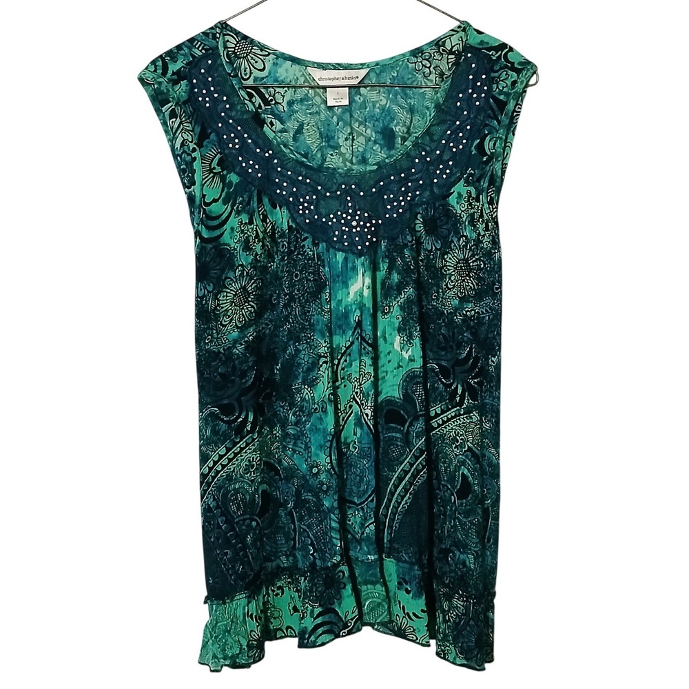 Christopher & Banks Teal Paisley Embellished Sleeveless Flowy Blouse L